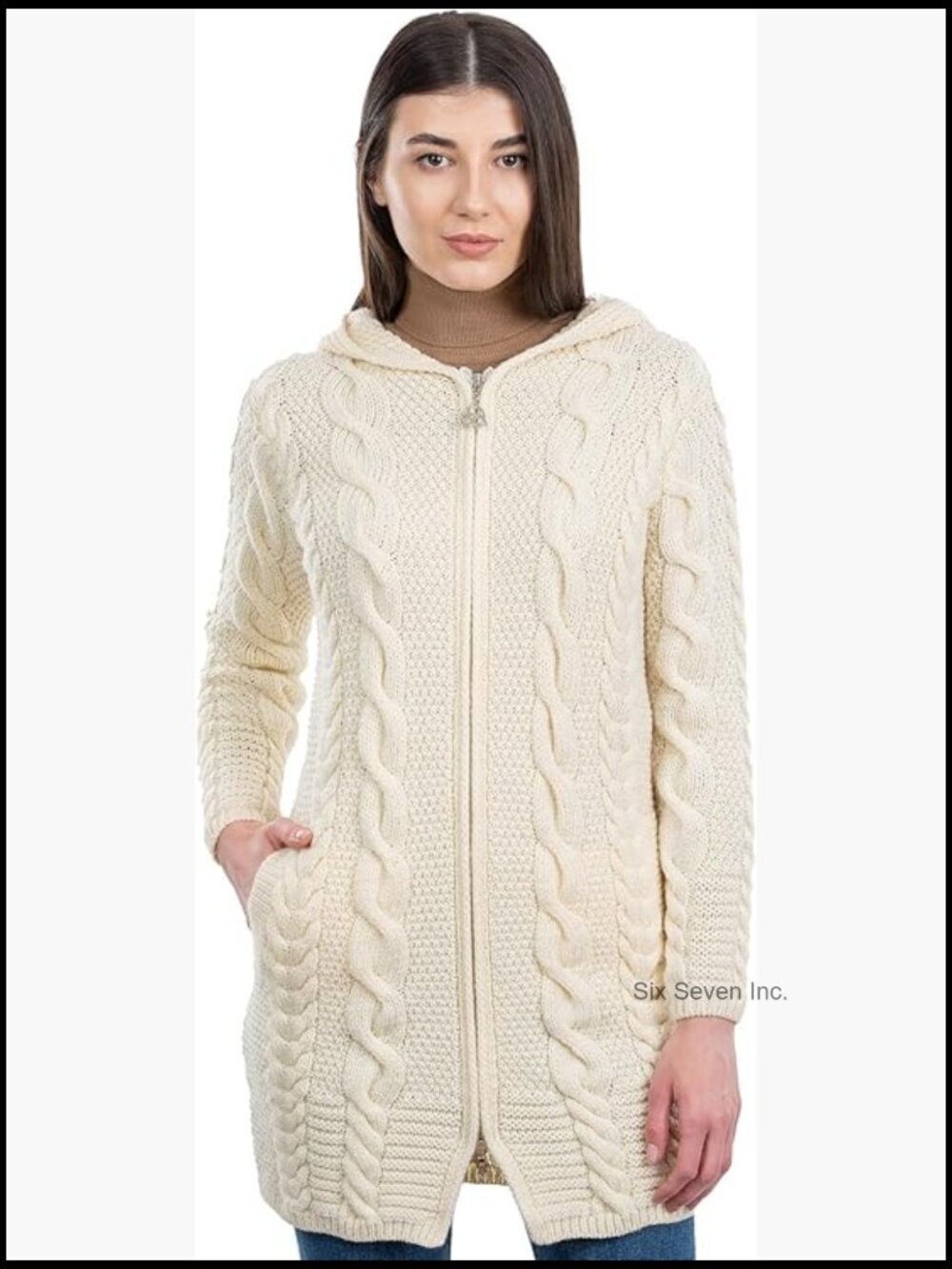 100% Merino Wool Aran Cable Knit Hooded Zip Cardigan